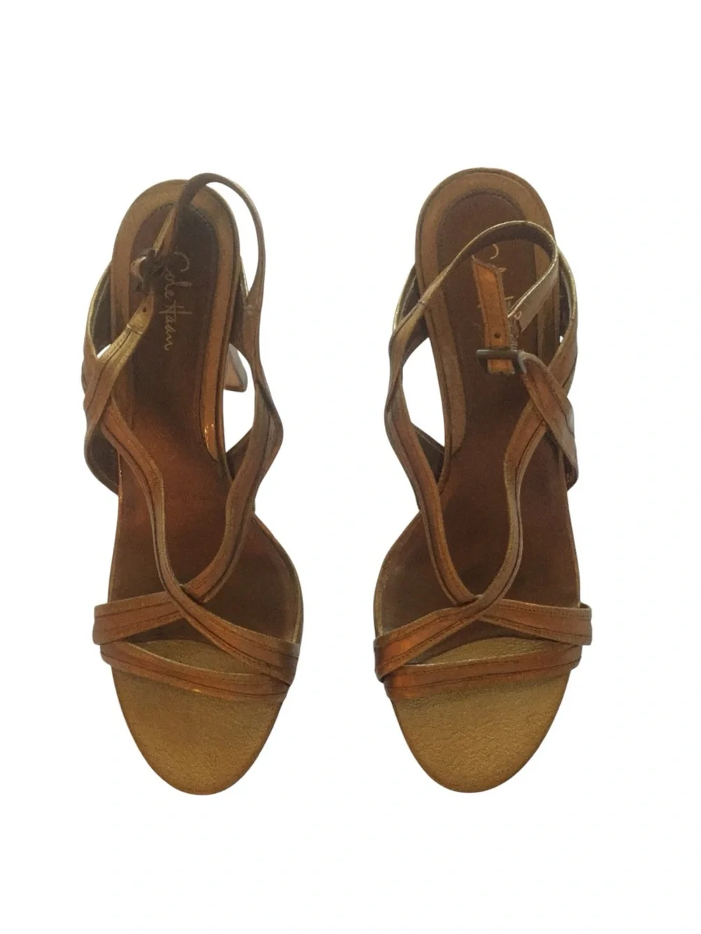 Cole Haan Tiana Bronze/Gold Patent Leather Open Toe Strappy Slingbacks Sz 9.5